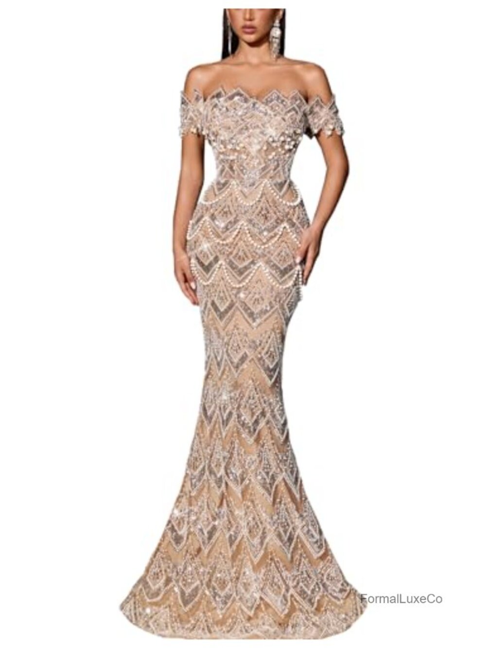Sequin Beaded Off Shoulder Mermaid Formal Evening Prom Gown